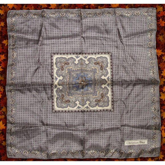 Vintage Christian Dior Silk Scarf Handkerchief Paisley Geometric Brown Blue 18" - Picture 1 of 7